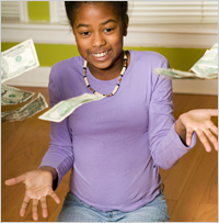 Dollars floating down in front of girl