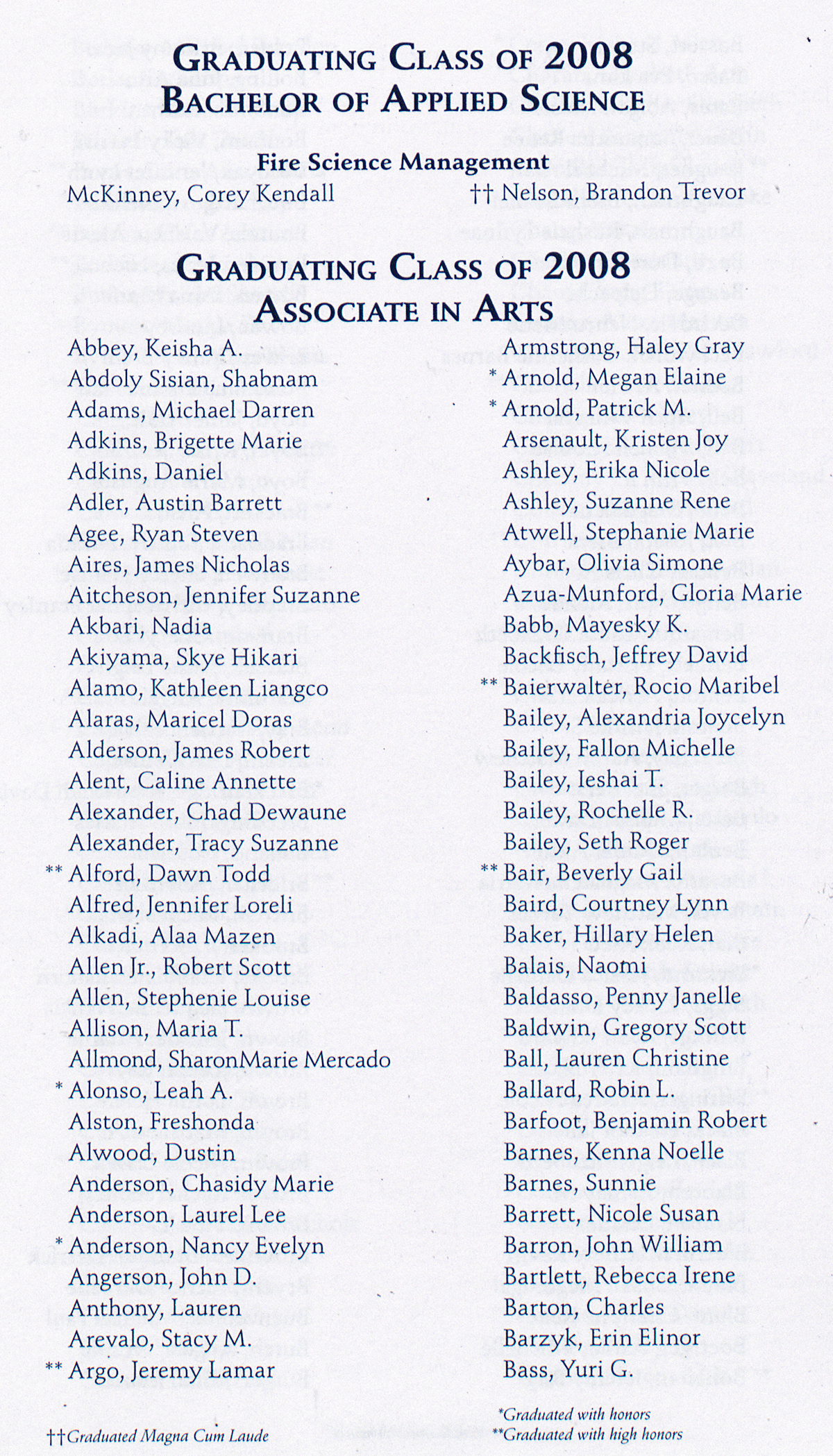 Image of commencement program showing first two graduates in Fire Science Management.