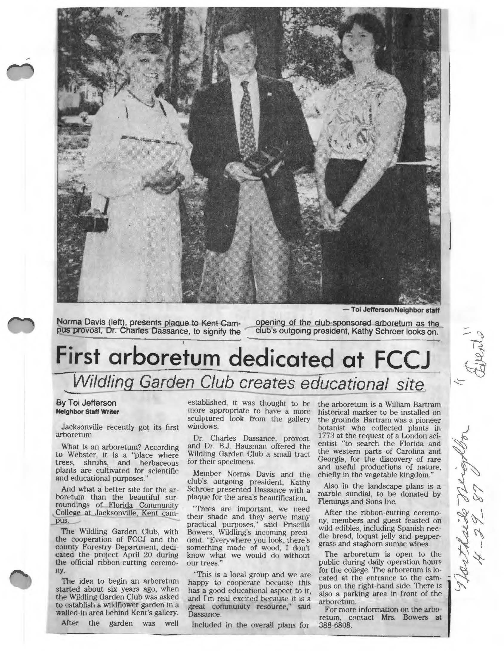 Scan of press clipping featuring dedicaiton of arboretum