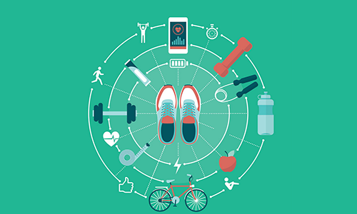 A graphic featuring various physical fitness related items