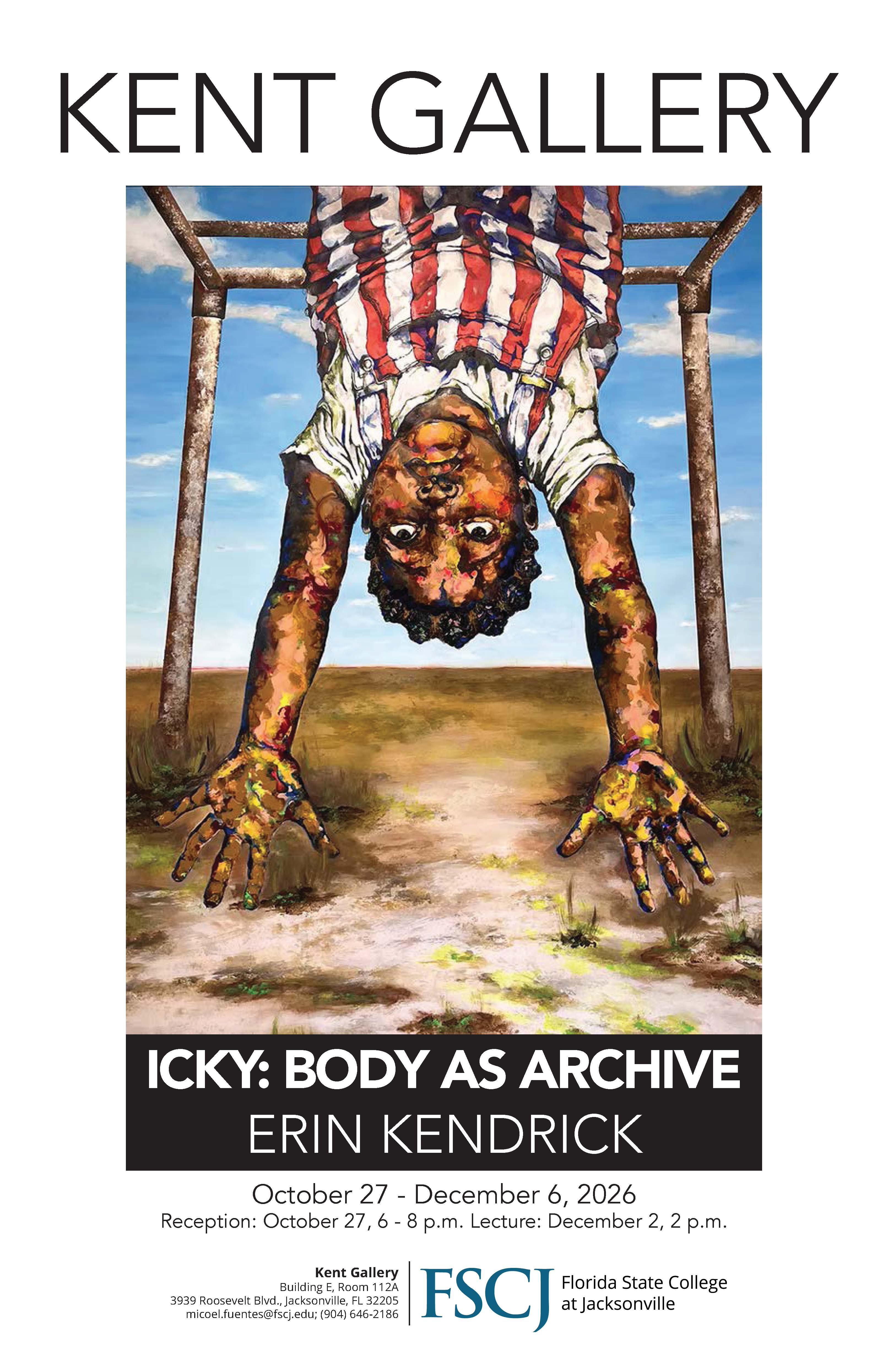 Poster for art exhibit “ICKY: BODY AS ARCHIVE” by Erin Kendrick, showing a colorful, upside-down child beneath a blue sky, framed by monkey bars; “KENT GALLERY” and event dates appear at the top and bottom.