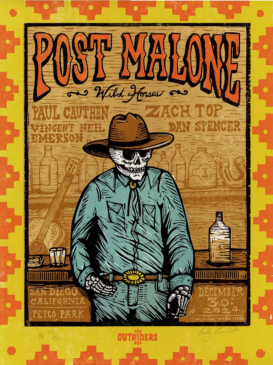 Vintage Western-style concert poster for Post Malone’s Wild Horses, featuring an illustrated skeleton cowboy wearing a brown hat and turquoise shirt, standing in a saloon.