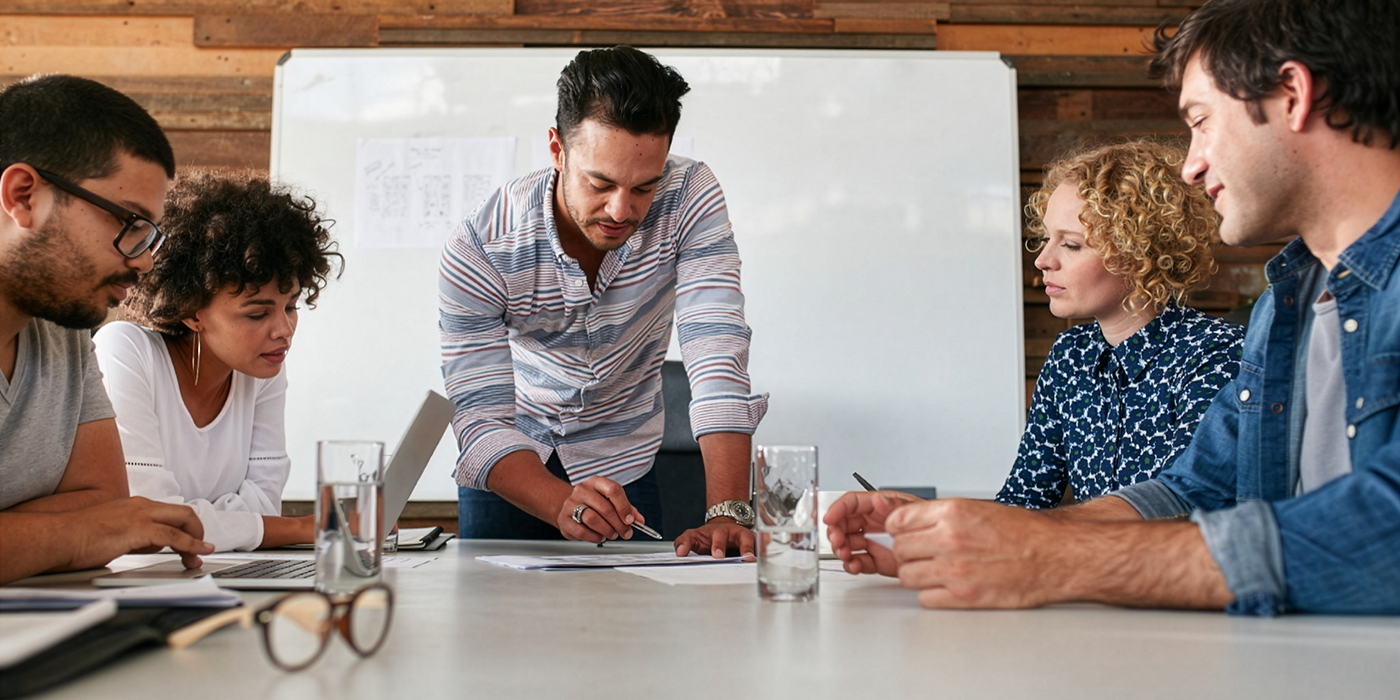 Startup team working and planning in the meeting. Team of young professional discussing new creative ideas on table in boardroom.