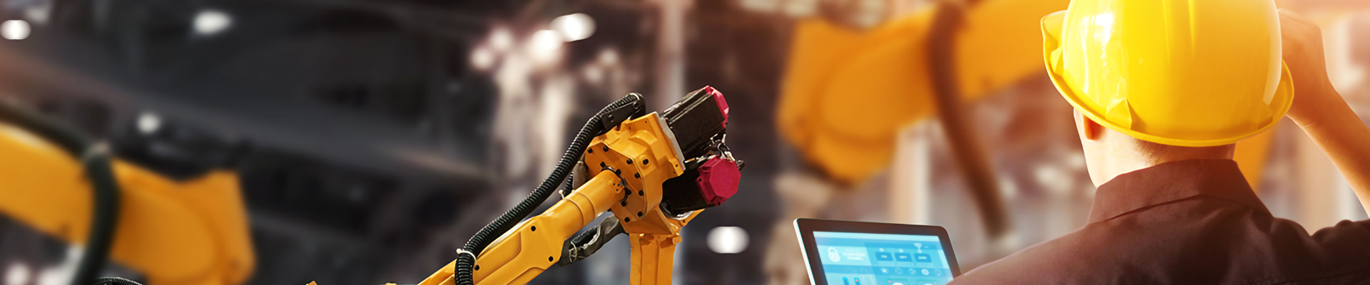 A person with a tablet in front of industrial robots