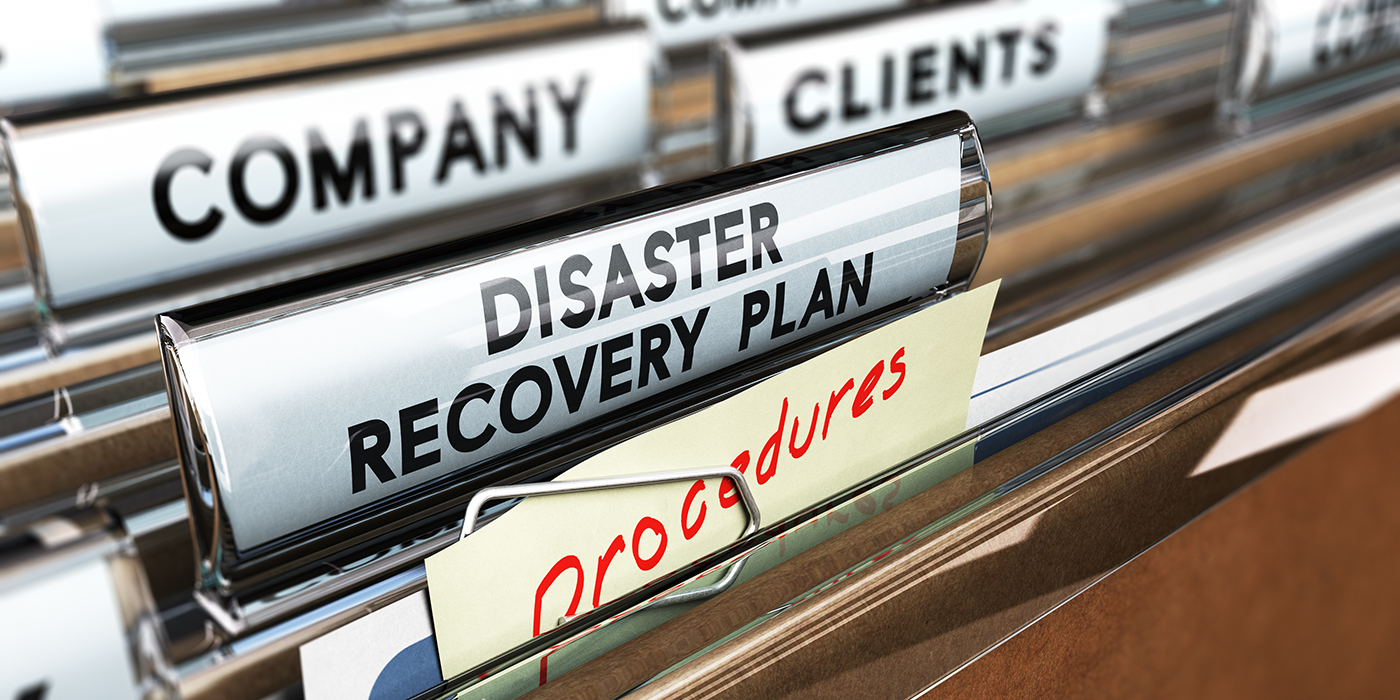 A series of file folder tabs labelled "company", "clients" and "Disaster Recovery Plan"