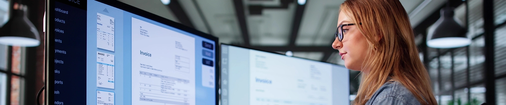 A a person using multiple computer monitors