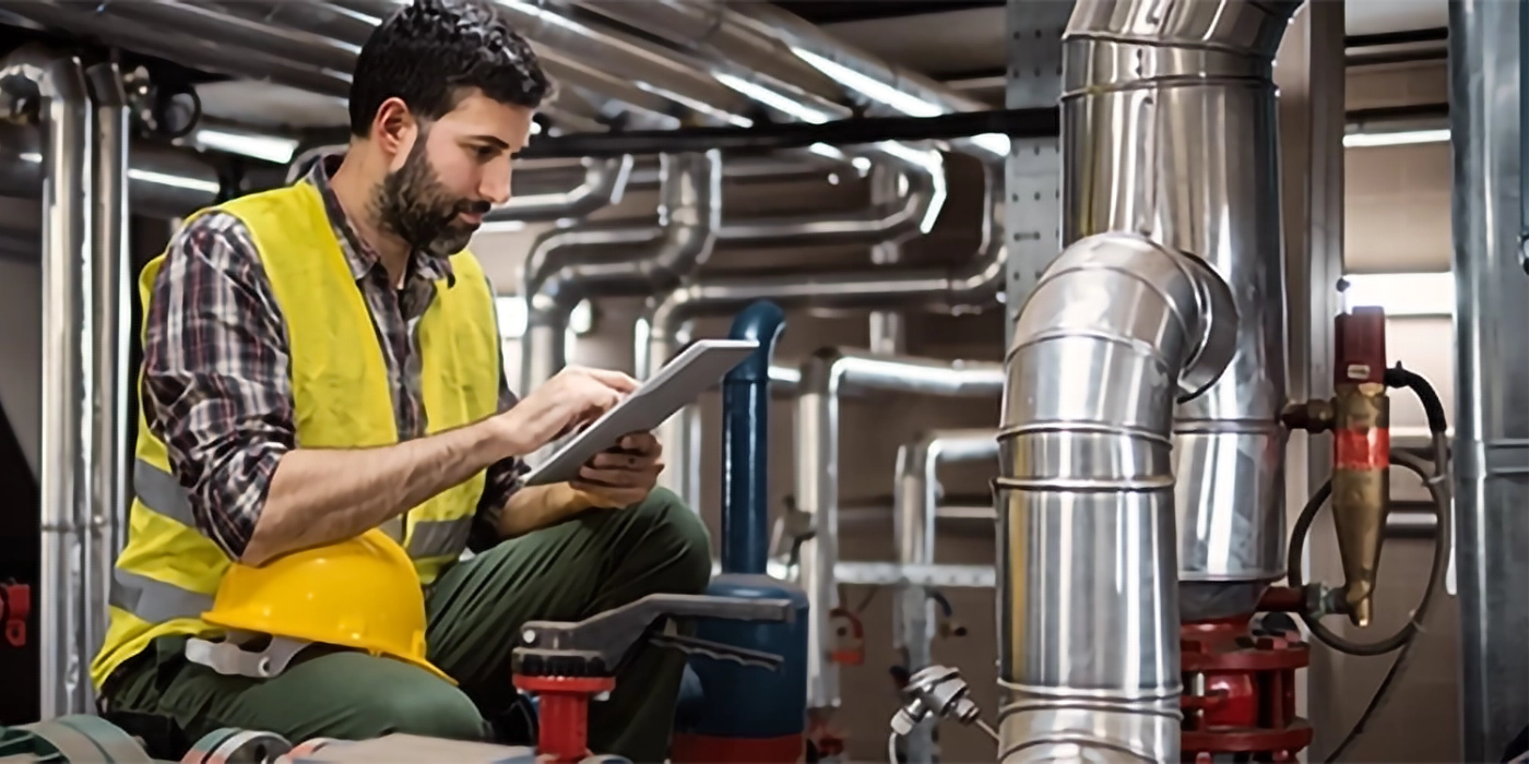 A man with a safety vest and hard hat examining pipes