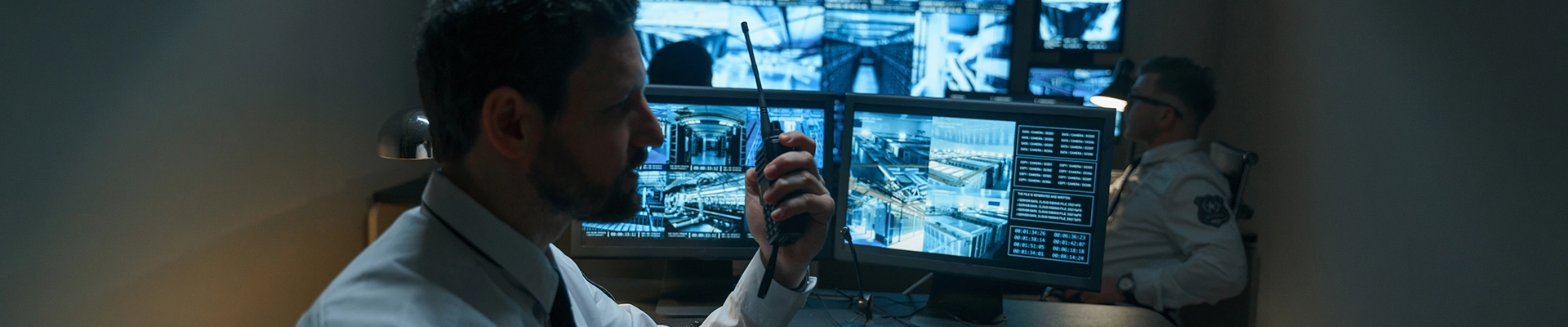 A man holding up a walkie talkie while observing surveillance video screens