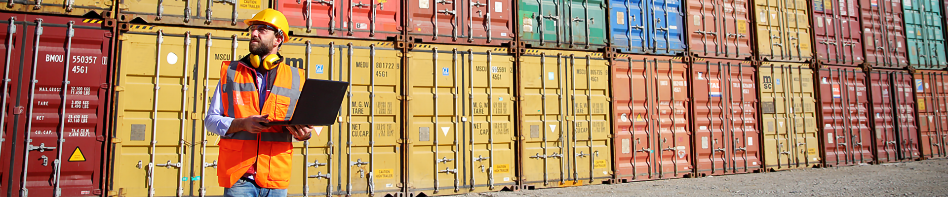 A man in a safety vest and hard hat standing in front of stacks of shipping containers
