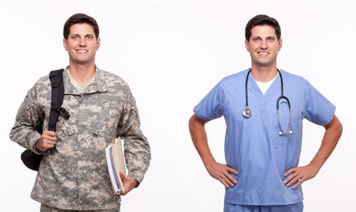 Two images of the same man. One in a military uniform, the other in medical scrubs.