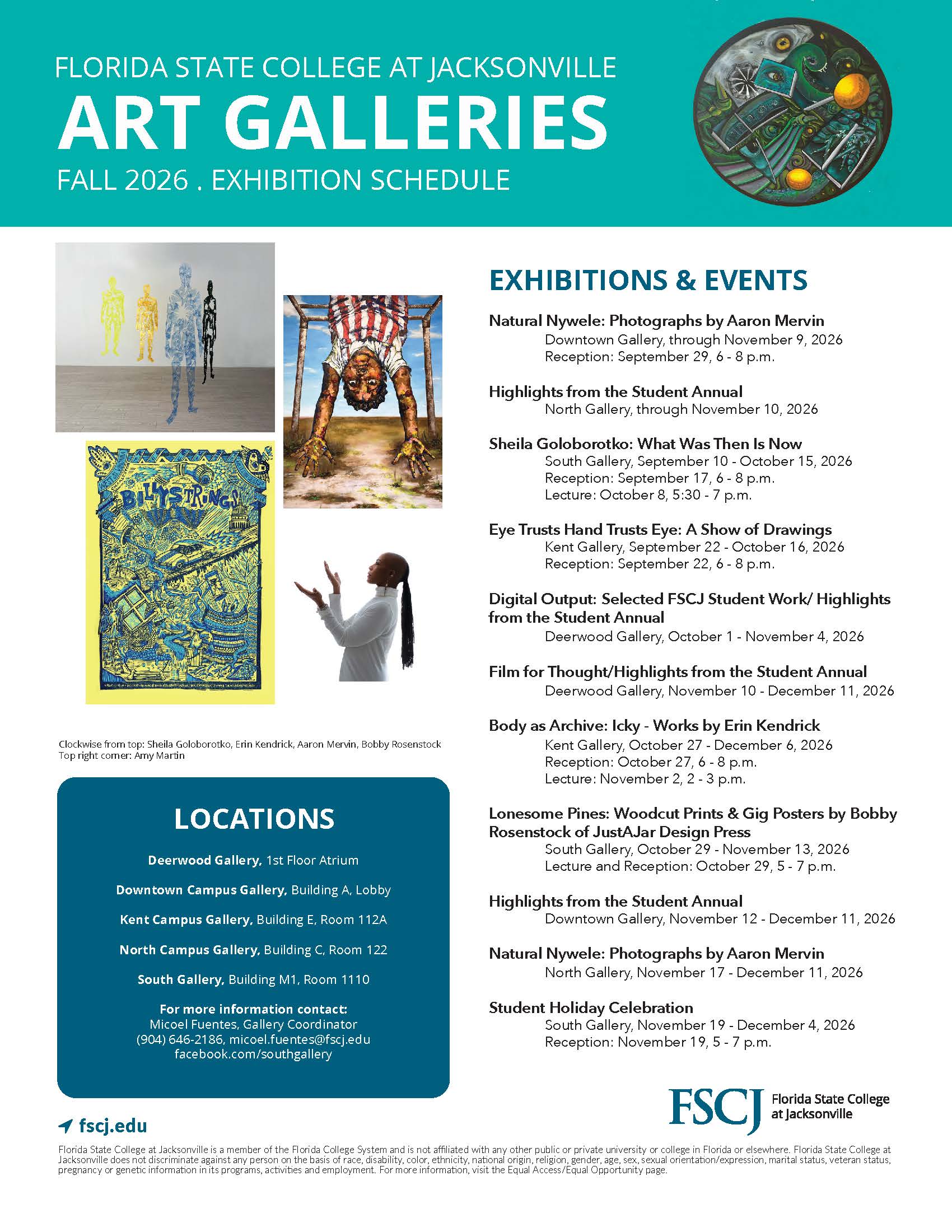 Fall 2026 Gallery schedule with graphic images. visit fscj.edu/art-gallery for exhibit details